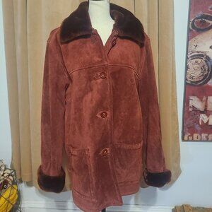 NWT Dennis Basso Boutique Y2K VTG Red Suede Leather Coat Faux Fur Lined SZ M